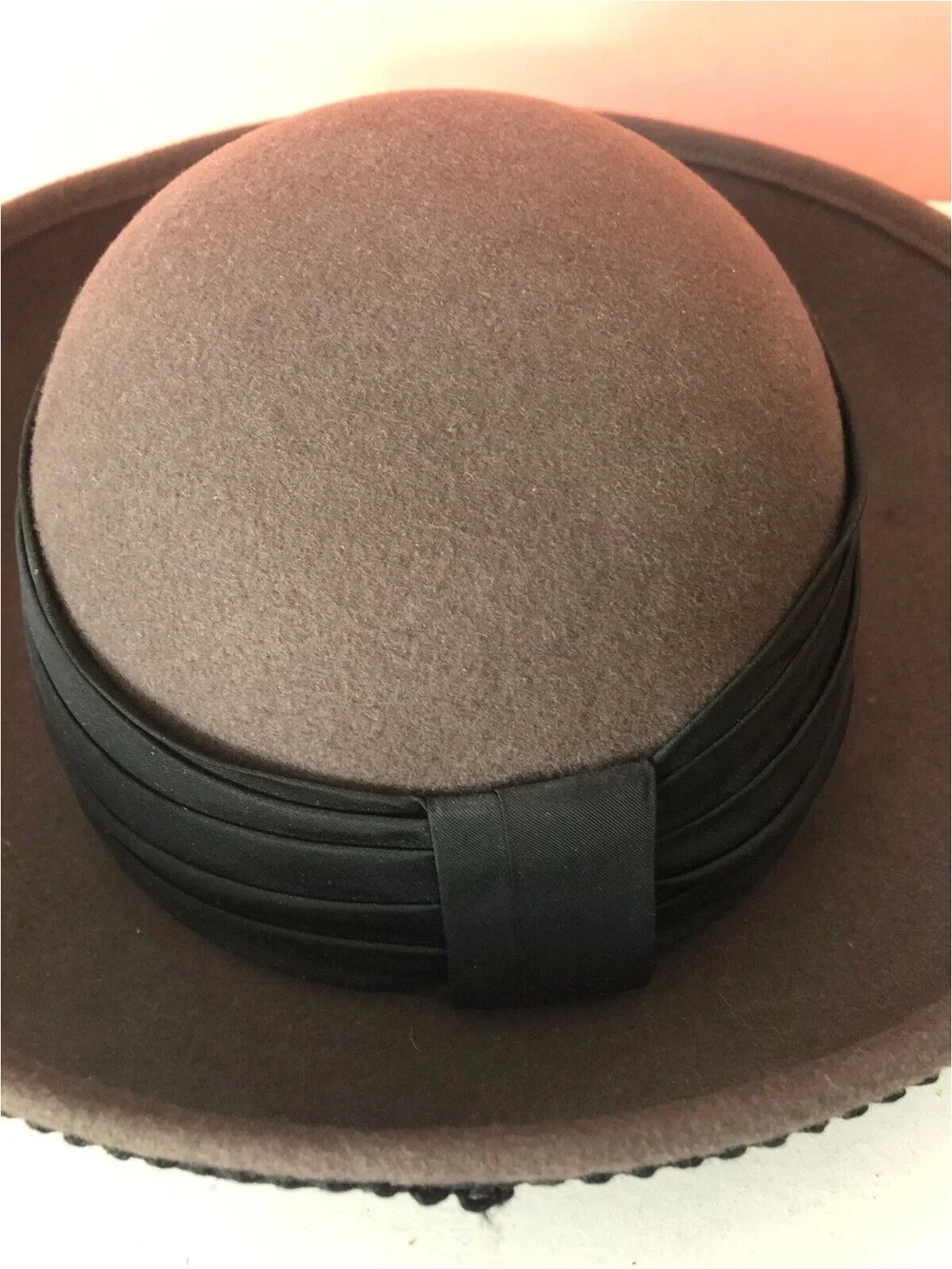Womens Felt Wide Brim Hat with Ribbon Band - Taupe